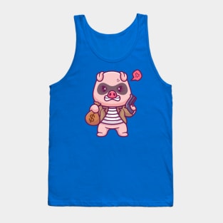 Cute Pig Thief Holding Money And Gun Cartoon Tank Top